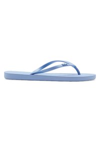 Blue flip-flop made from lightweight rubber, featuring a flat sole and thin straps. Simple design with a smooth texture and no visible patterns.