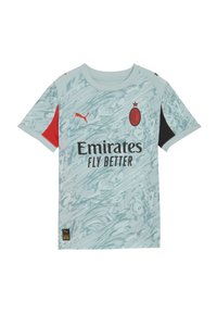 Jersey azzurro chiaro a maniche corte con un motivo vorticoso, accenti neri e rossi, e un logo sul petto. Realizzato in tessuto traspirante.