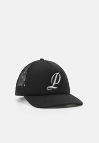 Black baseball cap with a solid front and mesh back, featuring a white embroidered "P" on the front panel. Flat curved brim.
