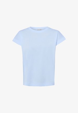 Jasnoniebieska koszulka z krótkim rękawem, okrągłym dekoltem, z podwiniętymi mankietami rękawów i prostym dołem.