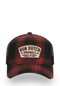 Casquette à carreaux noirs et rouges avec un dos en mesh. Présente un patch à l'avant avec "Von Dutch Originals" et une bordure blanche. Texture de tissu doux.
