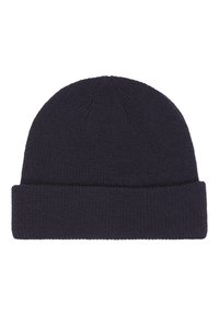 Pletená čepice v tmavě námořnické barvě, válcového tvaru s ohrnutým lemem. Texturovaný vzor po celém povrchu, s bezšvovým vrškem.