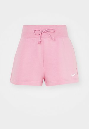 Pink cotton shorts with an elastic waistband and drawstring. Features side pockets and a small white Nike logo on the leg.
