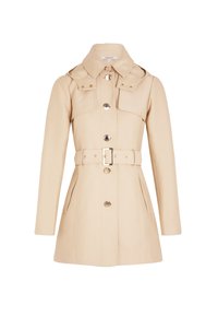 Beige trenchcoat met een ceintuur om de taille, kraagflap en zilveren knopen. Voorzien van twee zijzakken en een getailleerd silhouet.