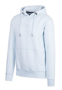 Hellblaue Kapuzenjacke aus Baumwollmischung. Mit einer Kängurutasche, gerippten Bündchen und Kordeln mit silbernen Spitzen. Geprägtes Logodetail.