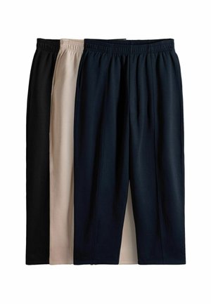 Three pairs of cropped pants in black, beige, and dark navy. Made from a smooth fabric, featuring an elastic waistband and side pleats.