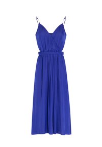 Vestido envuelto azul con tirantes finos, cintura elástica y falda fluida. Fabricado en tejido ligero, cuenta con un escote en V profundo.