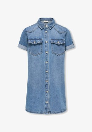 Svjetloplata denim obleka s kratkimi rokavi, gumbi spredaj, dvema žepoma na prsih in detajli zavihanih manšet, z enakomerno spodnjo robno linijo.
