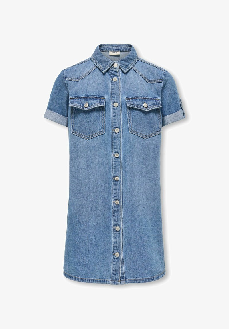 Svetlomodré rifľové šaty-košeľa s krátkymi rukávmi, prednými gombíkmi, dvoma náprsnými vreckami a detailmi s opásanými manžetami, s rovnou lemovkou.