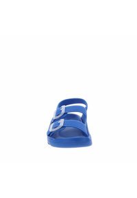 Chanclas de plástico azules con dos correas ajustables, que cuentan con una plantilla texturizada y una suela lisa. Diseño minimalista, vista frontal.