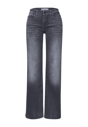 Szare szerokie dżinsy z przednimi kieszeniami, szlufkami na pasek i zapięciem na guzik, z wyblakłymi detalami na udach i kolanach.