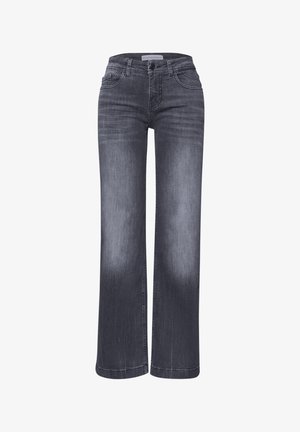 Szare szerokie dżinsy z przednimi kieszeniami, szlufkami na pasek i zapięciem na guzik, z wyblakłymi detalami na udach i kolanach.