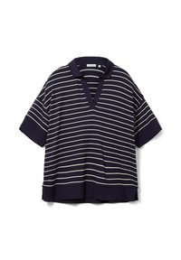 Marinblå randig kortärmad topp med V-ringning och kontrasterande vita horisontella linjer. Mjuk tyg med avslappnad passform och sidoflikar vid fållen.