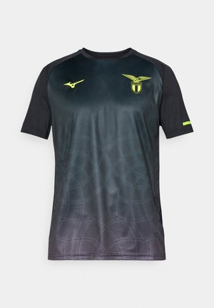 Black and dark gray short-sleeve sports jersey with a gradient pattern and a subtle web design; features Mizuno logo and Lazio crest in yellow.