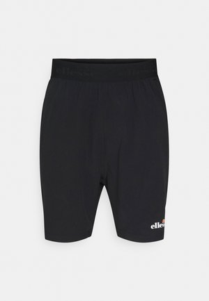 Pantalones cortos deportivos negros con cintura elástica y un pequeño logo blanco "ellesse" en el costado. Textura lisa, diseño hasta la rodilla.