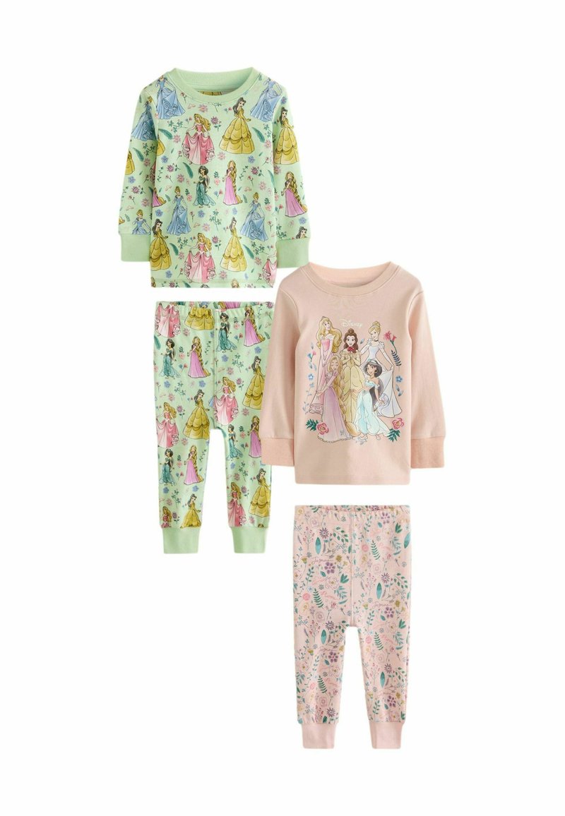 Set of children's pajamas featuring two long-sleeve tops: one mint green with princess graphics, one pink with character illustrations, and two coordinating pants.