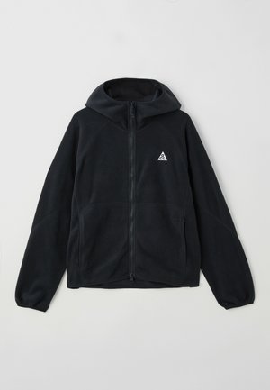 Hoodie de fleece preto com fecho de correr completo, dois bolsos laterais e um logótipo triangular em branco no canto superior esquerdo do peito.