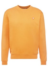Oranje sweatshirt met een ronde halslijn, ribgebreide manchetten en zoom, met een klein cirkelvormig logo op de borst. Gladde katoenstoffen textuur.