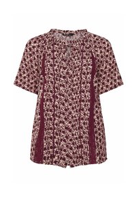 Blusa a maniche corte in bordeaux con un motivo floreale. Presenta un collo a chiave e pannelli laterali a contrasto in un tessuto testurizzato.