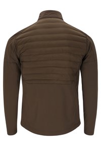 Brown puffer jacket with a quilted texture on upper section, smooth fabric on lower section, and a stand-up collar. Long sleeves.