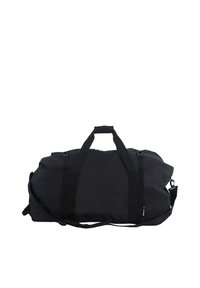 Borsa a duffel nera realizzata in materiale resistente, caratterizzata da due manici superiori, una tracolla rimovibile e un ampio scomparto principale.