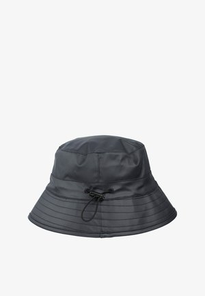 Black waterproof bucket hat with a wide brim, made of smooth fabric, featuring adjustable drawstring and stitched detailing around the edges.