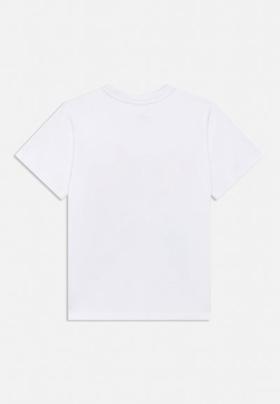 Plain white short-sleeve crewneck T-shirt laid flat, showing the back side, on a light gray background.
