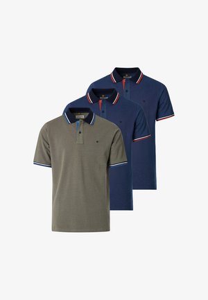 Three short-sleeve polo shirts with button plackets, two navy blue with red and white trim, one gray with blue and white trim on collars and sleeves.
