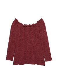 Top bordo scollato sulle spalle con scollatura volant, maniche lunghe e tessuto texturizzato e stropicciato. Vestibilità ampia e rilassata con orlo dritto.