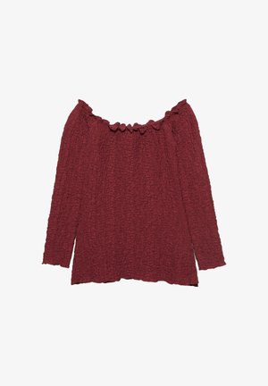 Maroon off-the-shoulder-top, jossa on röyhelökaulus, pitkät hihat ja teksturoitu, koristeellinen kangas. Lörppö, rento istuvuus suoran helman kanssa.