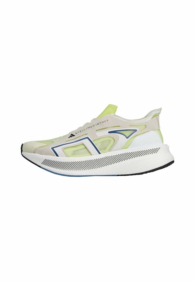 Lightweight sneaker with a white, green, and blue mesh upper, thick white sole, and textured detailing on the outsole. Designed for comfort.