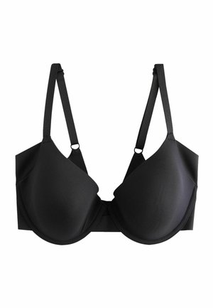 Schwarzer gepolsterter Bügel-BH mit verstellbaren Trägern und glatten, nahtlosen Cups, auf weißem Hintergrund dargestellt.