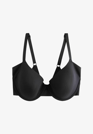 Czarny wyściełany biustonosz z fiszbinami, regulowanymi ramiączkami i gładkimi, bezszwowymi miseczkami, przedstawiony na białym tle.