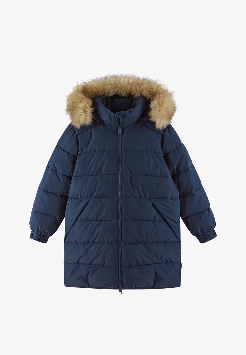 Navy puffer coat with fur-trimmed hood, quilted design, front zipper, elastic cuffs, and two side pockets. Soft, padded texture for warmth.