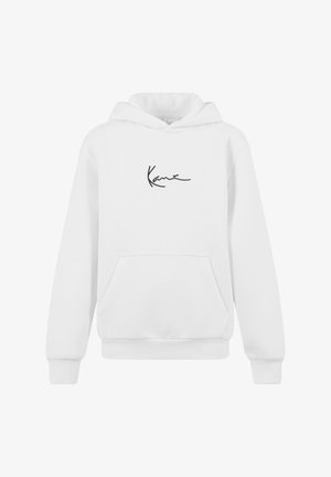 Biała bluza z kapturem wykonana z mieszanki bawełny, z przednią kieszenią, kapturem ze sznurkiem i czarnym, kursywnym logotypem na klatce piersiowej.