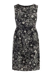 Ärmelloses Kleid in Schwarz mit einem weißen Blumenmuster. Der Stoff ist glatt, und das Design hat einen runden Halsausschnitt und eine schlanke Passform.