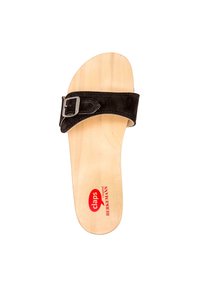 Black suede slide sandal with a wooden sole, featuring a silver buckle and red logo detail on the insole. Flat design, open toe.