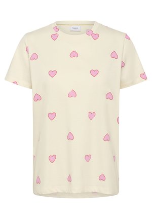 Lichtgele T-shirt met een patroon van kleine roze hartjes. Gemaakt van zacht stof met korte mouwen en een klassieke ronde hals.