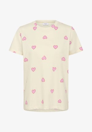 T-shirt giallo chiaro con motivo a piccoli cuori rosa. Realizzata in tessuto morbido con maniche corte e scollo classico a girocollo.