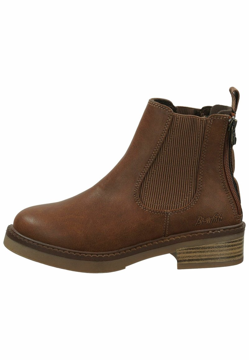 Hnědé kožené ankle boty z faux kůže s žebrovanými elastickými panely, bočním zipem a vrstveným podpatkem. Obsahuje švy a detaily loga na straně.