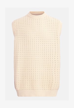 Μπεζ βελουτέ γιλέκο χωρίς μανίκια με οριζόντιο ριμπ ύφασμα και μικρές οπές παντού, με ριμπ λαιμόκοψη και τελείωμα.
