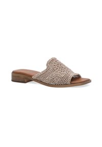 Beige vævet slide sandal med åben tå, tekstureret overdel i et spiral mønster og en lav træhælh.