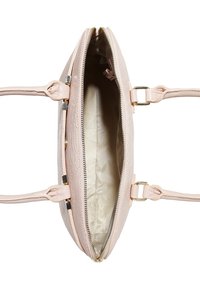 Pink textured handbag with dual top handles, zip closure, and beige lining. Features a smooth exterior and subtle gold hardware accents.