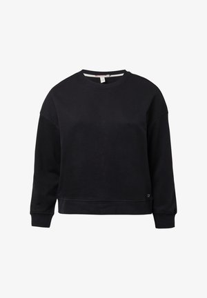 Sweatshirt noir à manches longues avec col rond, doté de poignets et d'un ourlet côtelés, présentant un logo discret près du bas sur le côté gauche.