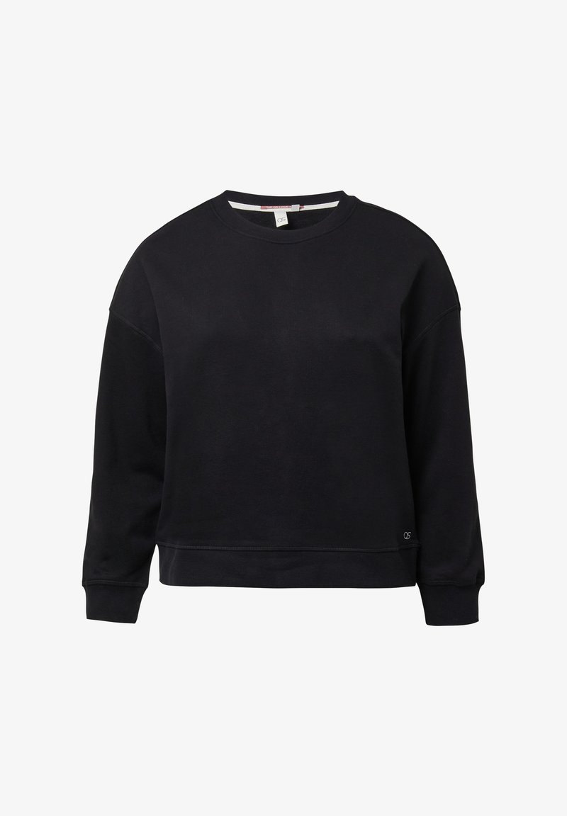 Schwarzer, langärmliger Crewneck-Sweatshirt mit gerippten Bündchen und Saum, mit dezentem Logo nahe dem unteren Rand auf der linken Seite.