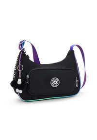 Borsa a spalla nera in nylon con un design curvo, tracolla regolabile viola, tasca con zip e un portachiavi a forma di scimmia pelosa staccabile.