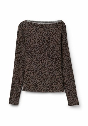 Braunes Langarmoberteil mit schwarzem Leopardenmuster, U-Boot-Ausschnitt und figurbetonter Silhouette auf weißem Hintergrund.