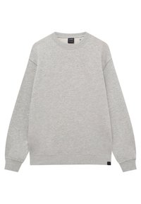 Felpa grigia chiara realizzata in tessuto misto cotone, con collo tondo, maniche lunghe e polsini e orlo a costine. Design semplice e monocolore.