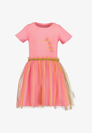 Vestito rosa a maniche corte con una grafica di unicorno sul corpetto, caratterizzato da una gonna a strati in tulle rosa con accenti arancioni e dorati.