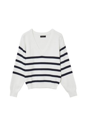 Weißer Pullover mit marineblauen horizontalen Streifen, V-Ausschnitt und lockeren Ärmeln. Weicher Stoff mit lässiger Passform.